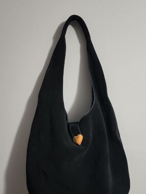 Dear Drew By Drew Barrymore Black Suede Shoulder Bag with Heart Accent